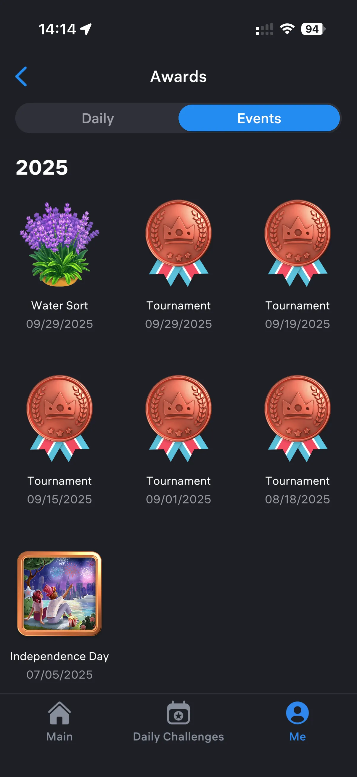 Screenshot of the Awards page of the Sudoku iPhone app, showing the Events tab with a total of 7 event badges. 5 of the badges shown are a bronze medal for participating in Tournaments. The latest one is for participating in a Water Sort event which ended on 29 September 2025, and the earliest badge if for participating in an (American) Independence Day event, which ended on 5 July 2025.