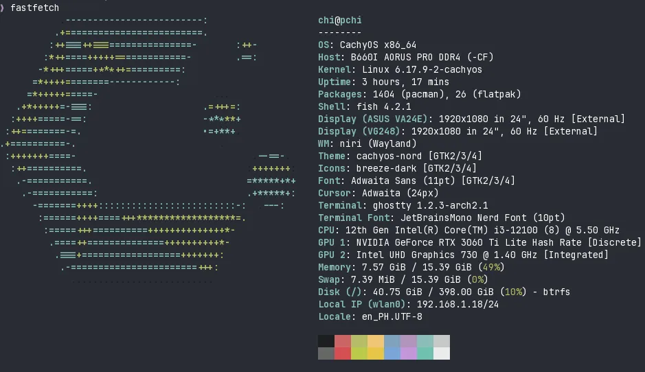 Screenshot of Chi’s fastfetch output in the terminal, which shows her current Linux installation details. The left side shows the ASCII art logo of CachyOS, which is what her OS is. The right side lists system details.