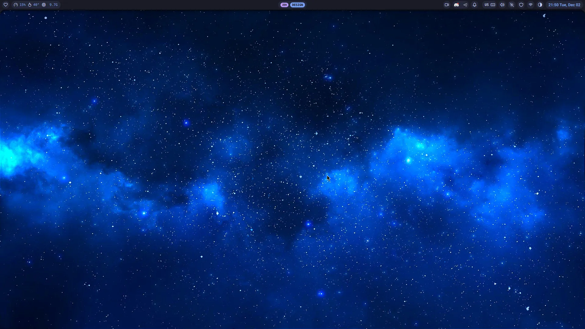 Screenshot of Chi’s Linux Desktop, with the waybar at the top set up with Noctalia Shell. On the left side of the top bar are her PC CPU stats, in the middle are two tabs with the labels “Zen” and “Design” in colored pills, and on the right are different icons for apps and settings, as well as the current date and time.