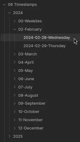 Screenshot of the contents of Chi’s Obsidian vault folder named “06 Timestamps”, which has a subfolder for 2024 and 2025, and another subfolder dedicated to each month starting “02-February”. The cursor is highlighting the file named “2024-02-28-Wednesday”.