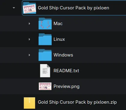 Screenshot of Chi’s file explorer showing ZIP file and the extracted parent folder “Gold Ship Cursor Pack by pixloen”, with 3 folders in it for Mac, Linux, and Windows, and a README text file and a preview image for the cursor set.