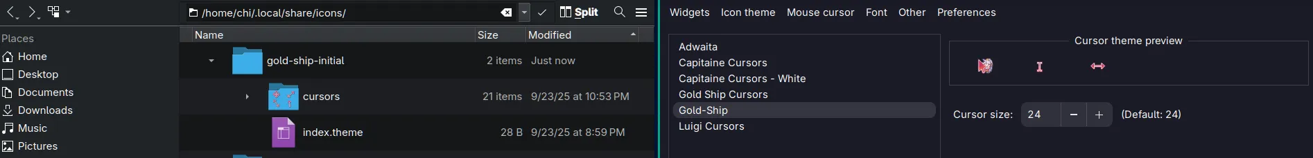 Cropped screenshot of a file explorer on the left showing a folder named “gold-ship-initial” with another folder named “cursors” and an index.theme file, and the GTK Settings on the right with the mouse cursor tab active. In the settings, the highlighted item in the list is labeled “Gold-Ship”, with a cursor theme preview to its right.