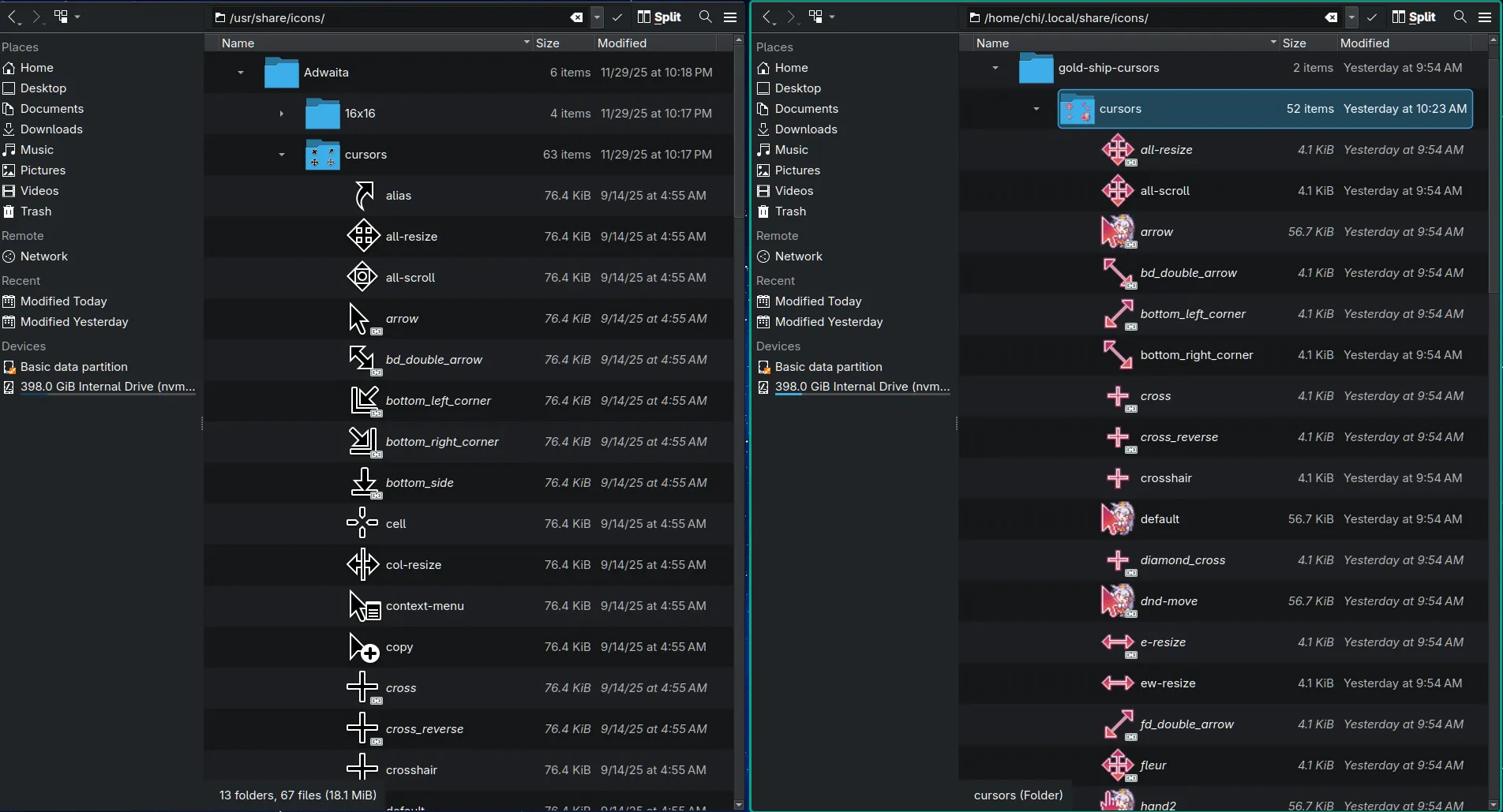 Screenshot of Chi’s Linux desktop with two file explorers side by side. The left side is showing the contents of the Adwaita cursors folder contents, while the right side is showing the gold-ship-cursors contents. Some of the files have the same names.