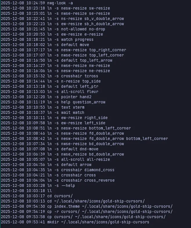 Screenshot of a terminal showing a log of the commands run by Chi on 8 December, consisting mostly of commands creating symbolic links using the ln -s command.