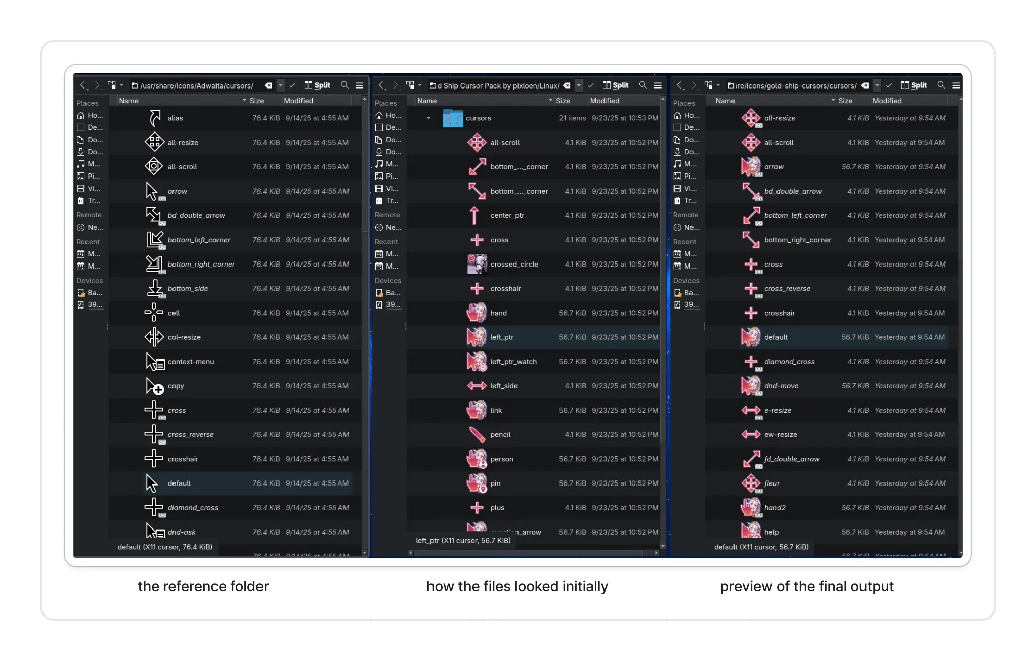 3 side-by-side file folders showing the Adwaita cursors as the reference folder, the Gold Ship cursor pack based on how it looked initially after exporting, and the cleaned up Gold Ship cursor files as a preview of the final output that works as the cursor set used in Chi’s Linux setup.
