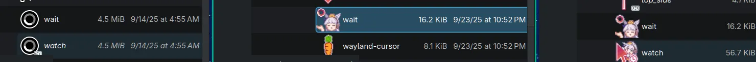 Three file explorer views showing cursor files: left shows Adwaita’s “wait” and “watch” cursors that look identical, middle shows the Gold Ship “wait” cursor, and right shows the Gold Ship final mapping where “wait” and “watch” are different cursors.