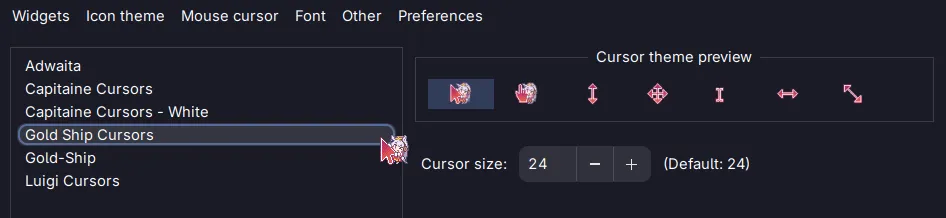 Screenshot of GTK Settings window with the Mouse cursor tab open and Gold Ship Cursors is the selected cursor theme. A preview of the different cursors available in the theme is shown to the right, along with an option to adjust cursor size, which is currently set to 24 pixels.